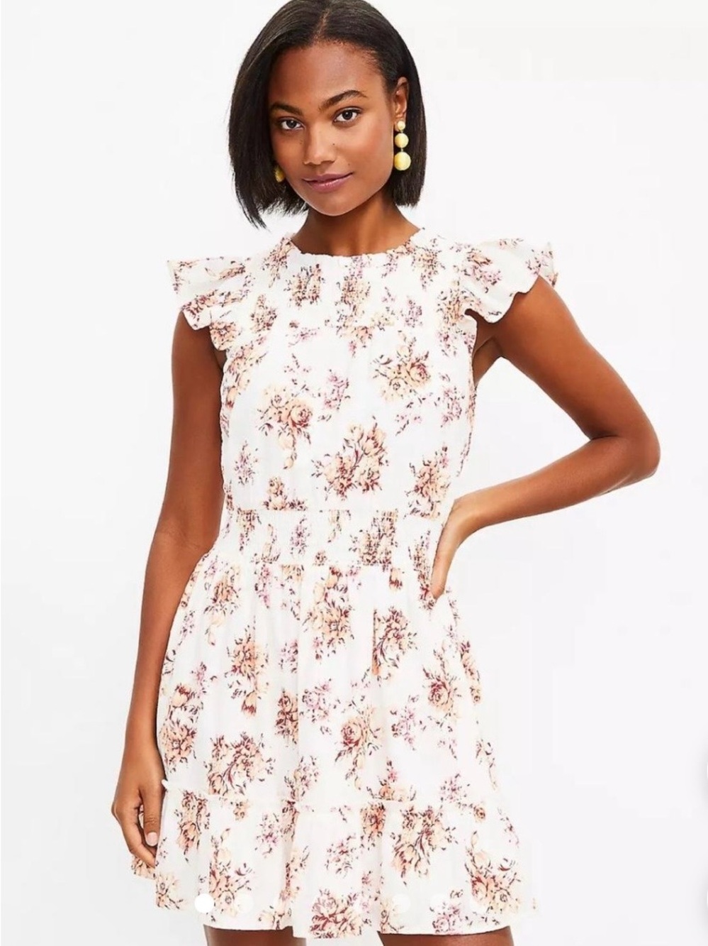 LOFT Floral Ruffle Sleeveless Mini Dress - Cream Pink. Size M